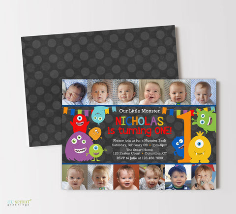 collage style boy birthday invitation for 1st birthday with one photo for each of 12 months, colorful monster graphics and polka dot chalkboard background, double sided