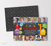 collage style boy birthday invitation for 1st birthday with one photo for each of 12 months, colorful monster graphics and polka dot chalkboard background, double sided