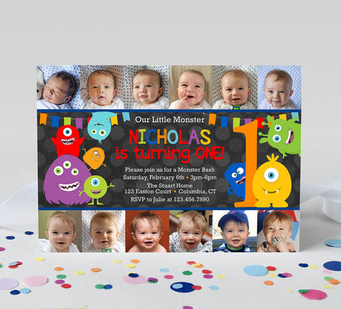 collage style boy birthday invitation for 1st birthday with one photo for each of 12 months, colorful monster graphics and polka dot chalkboard background