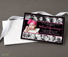 girls first birthday invitation in black and  pink with 12 smaller photos along top and bottom and a large center photo, printed on cardstock