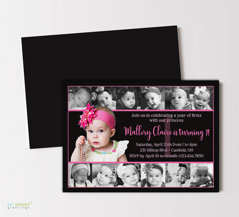 girls first birthday invitation in black and  pink with 12 smaller photos along top and bottom and a large center photo