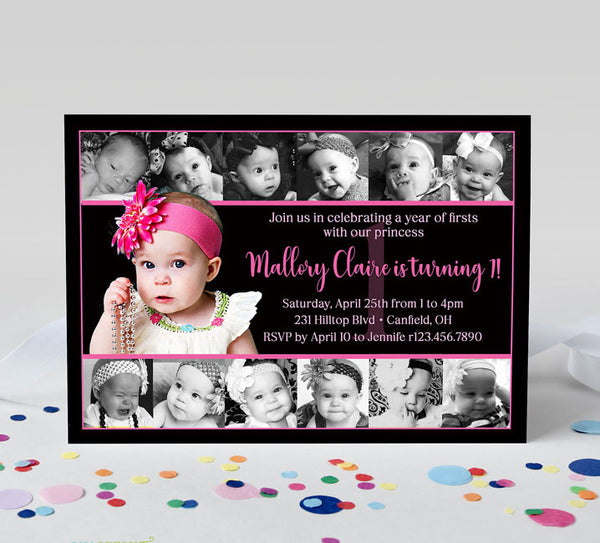 girls first birthday invitation in black and  pink with 12 smaller photos along top and bottom and a large center photo, photos from each month of life