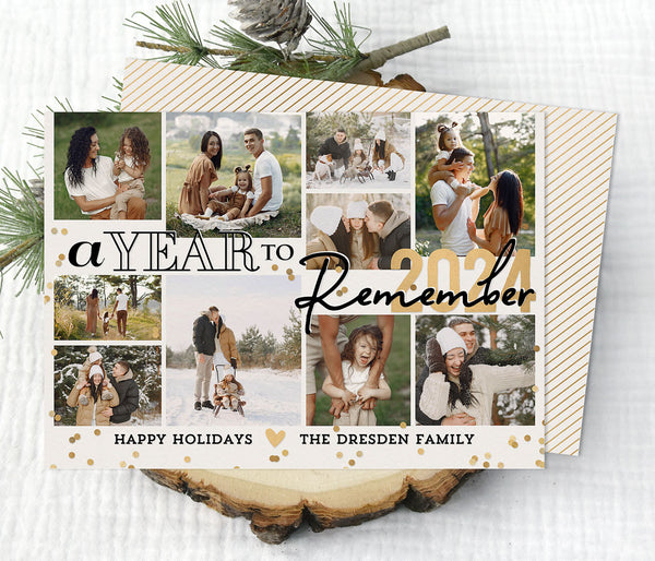 year to remember christmas or holiday photo card in a collage style with 10 photos, a cream background gold accents and black text