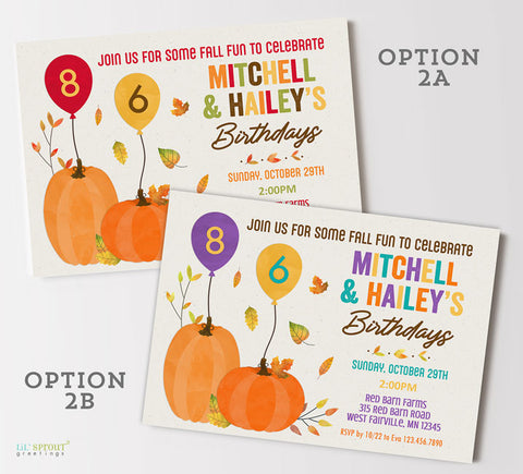 2, 3 or 4 Child Pumpkin Fall Birthday Invitation