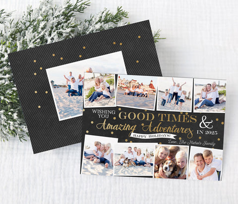 amazing adventures new year or christmas photo card with black background, gold text, and 8 photos, back side with white pinstripes, single photo and gold confetti