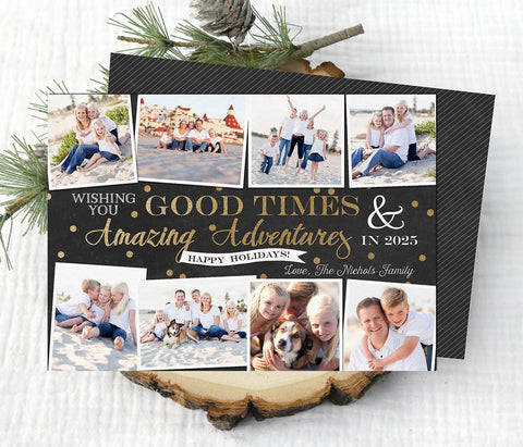 amazing adventures new year or christmas photo card with black background, gold text, and 8 photos