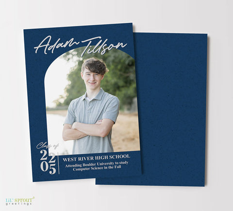 vertical grad announcement with single arched photo on blue background and gray text