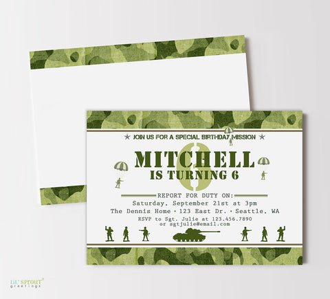 army or military themed birthday invitation with green camo background, solider, tank and paratrooper graphics and stencil font, double sided