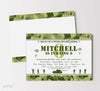 army or military themed birthday invitation with green camo background, solider, tank and paratrooper graphics and stencil font, double sided