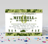 army or military themed birthday invitation with green camo background, solider, tank and paratrooper graphics and stencil font