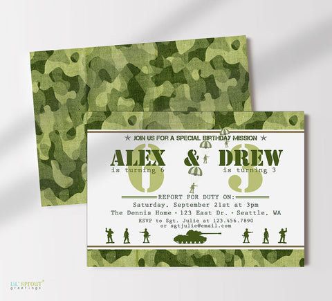 army themed birthday invitation with green camouflage pattern, an army tank and soliders, green text on white background, camo back side