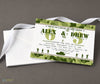 army themed birthday invitation with green camouflage pattern, an army tank and soliders, green text on white background printed on cardstock