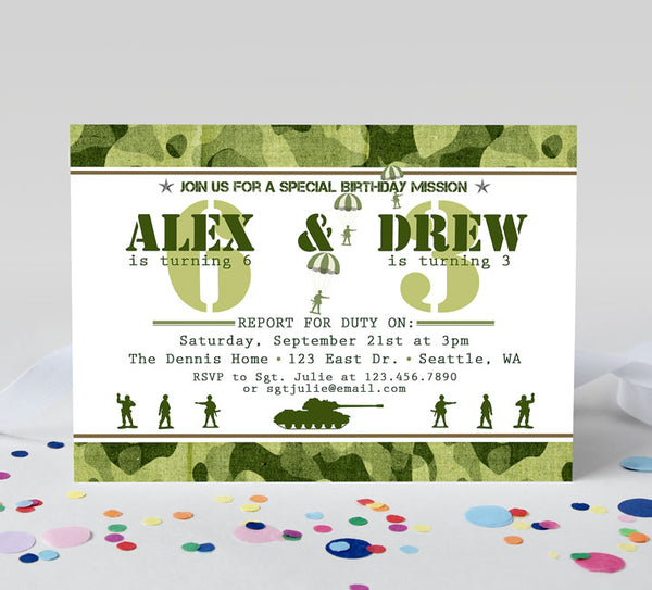 army themed birthday invitation with green camouflage pattern, an army tank and soliders, green text on white background