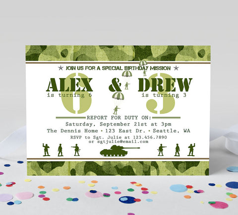 army themed birthday invitation with green camouflage pattern, an army tank and soliders, green text on white background