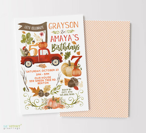 rustic fall or autumn birthday invitation for 1 or 2 children. White background with watercolored pumpkin, red truck, acorn and plant graphics, striped back side