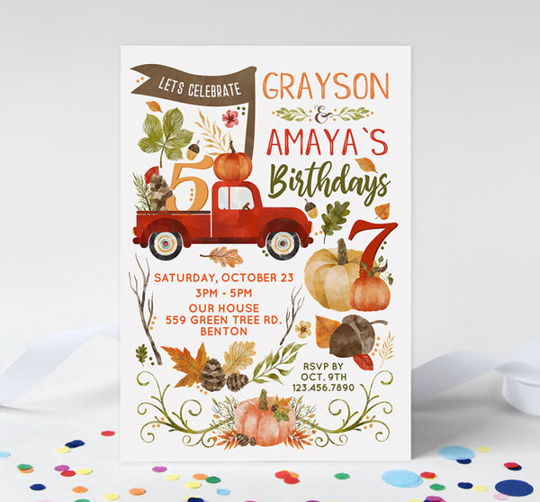 rustic fall or autumn birthday invitation for 1 or 2 children. White background with watercolored pumpkin, red truck, acorn and plant graphics