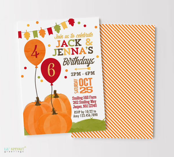 autumn or fall themed birthday invitation for two kids with red, orange yellow & green colorful lettering, leaf bunting and balloons tied to pumpkins with the birthday kids ages in them, striped back side