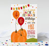 autumn or fall themed birthday invitation for two kids with red, orange yellow & green colorful lettering, leaf bunting, and balloons tied to pumpkins with the birthday kids ages in them