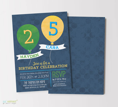 vertical birthday party invitation for two kids with navy blue background, green and yellow balloons and white text