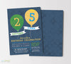 vertical birthday party invitation for two kids with navy blue background, green and yellow balloons and white text