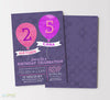 vertical birthday party invitation for two kids with purple background, pink and purple balloons and white text