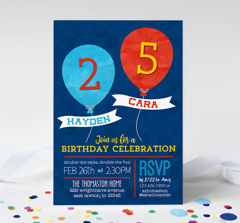 vertical birthday party invitation for two kids with navy blue background, light blue and red balloons and white text