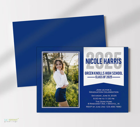 horizontal graduation announcement with a single photo on left, blue background and white text on right