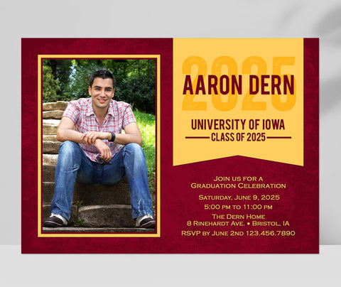 horizontal graduation announcement with a single photo on left, maroon background and gold text on right