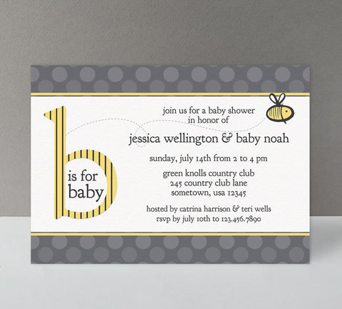 bee baby shower invitation with gray polka dot background and yellow accents