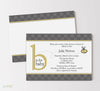 bee themed baby shower invitation with gray polka dot background and yellow accents, double sided