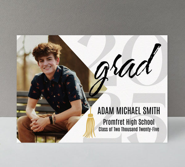 senior graduate card with single photo, black and white color scheme, gold tassel 