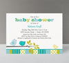 boy baby shower invitation with teal and lime green birds and patterned text and bottom border