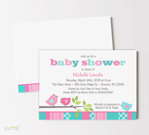 bird baby shower invitation with pink and teal colors and patterns, double sided