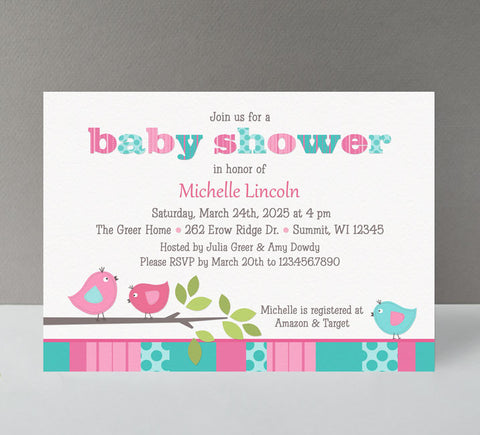 girl baby shower invitation with birds, a branch and teal and pink patterned text and bottom edge