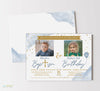 birthday & baptism double invitation with white background, gold text, confetti, blue accents, two photos