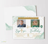 birthday & baptism double invitation with white background, gold text, confetti, green accents, two photos