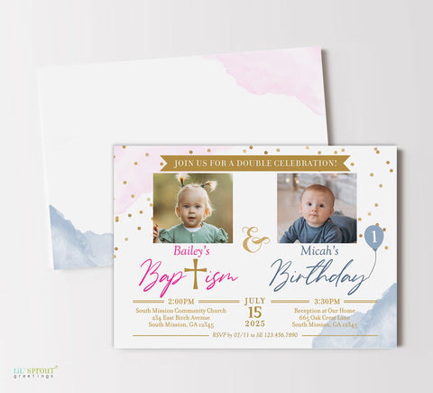 birthday & baptism double invitation with white background, gold text, confetti, blue and pink accents, two photos