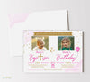 birthday & baptism double invitation with white background, gold text, confetti, pink accents, two photos