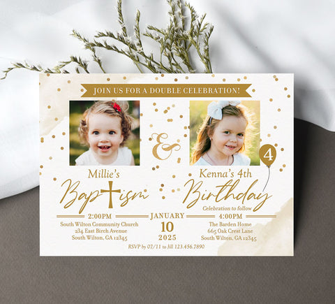 birthday & baptism double invitation with white background, gold text, confetti, two photos