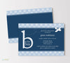 boy baby shower invitation with dark blue center, light blue polka dot background, b is for boy wording