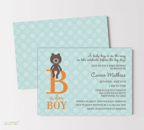 boy baby shower invitation with soft teal polka dot background, orange B is for boy text and brown teddy bear graphic, double sided