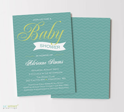 boy baby shower invitation with teal blue chevron background, white text and lime green accents, double sided