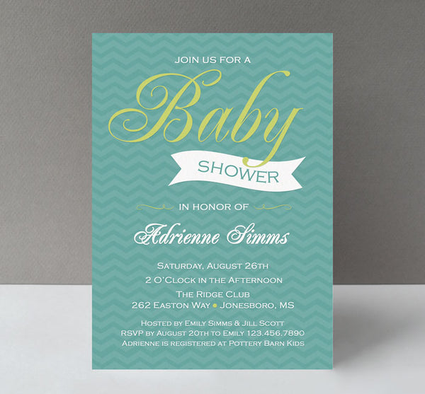 boy baby shower invitation with teal chevron background, white text and lime accents