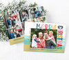 colorful holiday photo card with a single photo, multi-color text, and a watercolor teal and gold background