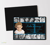 boy 1st birthday collage style invitation with black background, light blue writing, 12 small monthly photos and one large photo in center, double sided