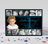 boy 1st birthday collage style invitation with black background, light blue writing, 12 small monthly photos and one large photo in center