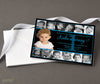 boy 1st birthday collage style invitation with black background, light blue writing, 12 small monthly photos and one large photo in center, printed on cardstock