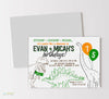 dino themed boy birthday invitation for two kids with white background, line drawn t-rex, stegosaurus, brachiosaurus and balloons