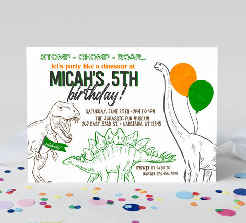 dino themed boy birthday invitation with white background, line drawn t-rex, stegosaurus, brachiosaurus and balloons