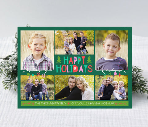 bright holiday photo card with green background, give photos, and colorful, whimsical text and graphics